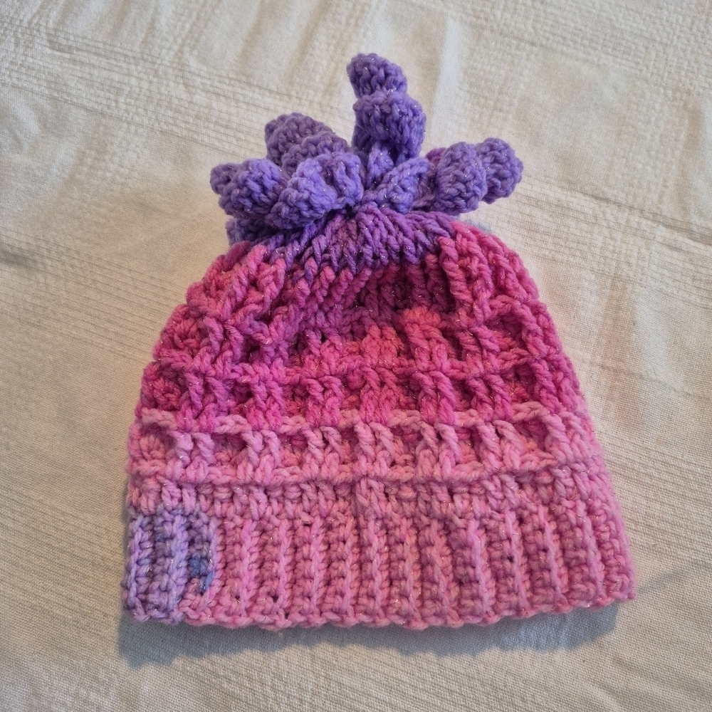 Hand made 6-12 months pink and purple waffle hat with curlies on top NEW